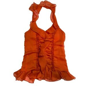 Kariss Orange Chiffon Ruffle Halter Top Sheer